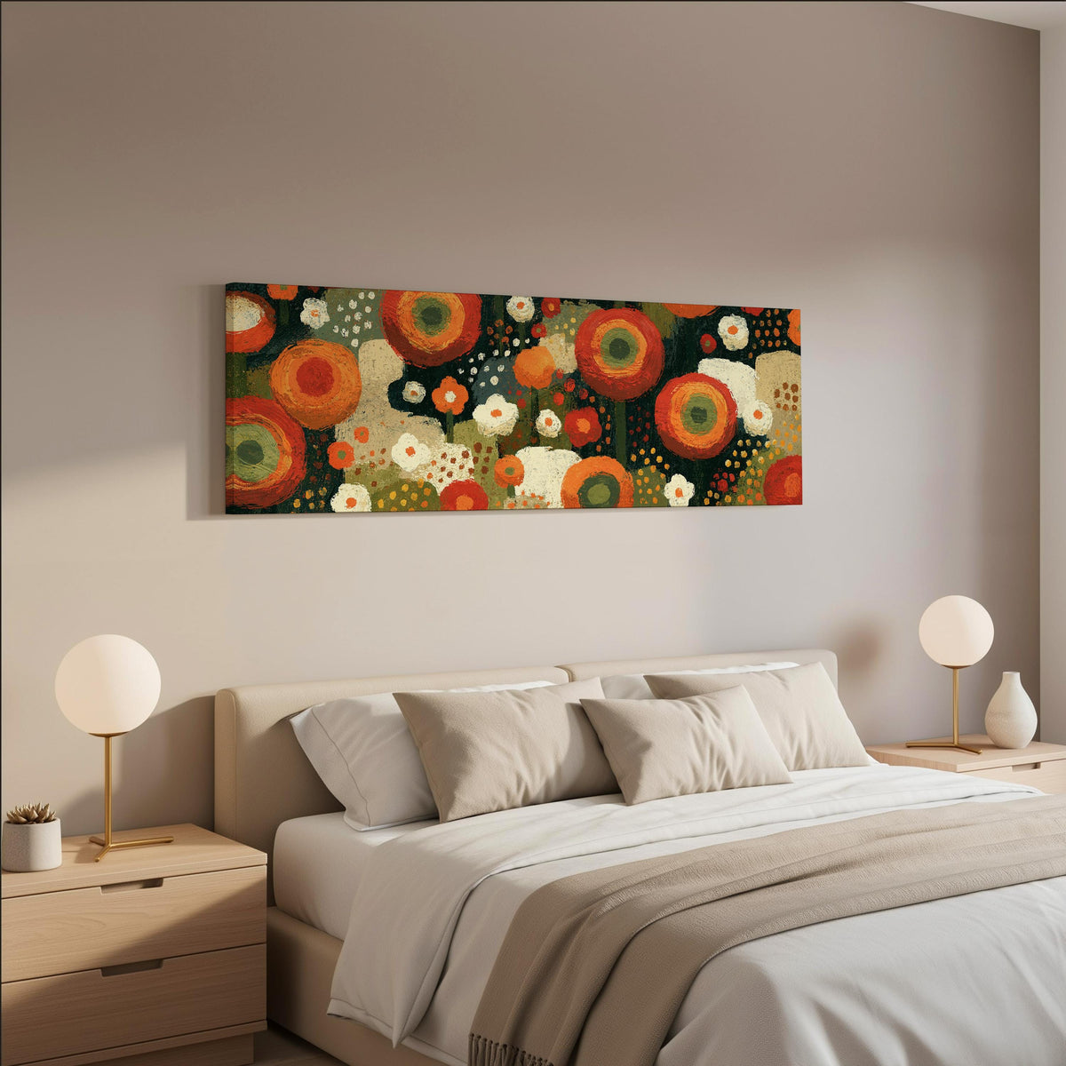 Concentric poppy rings wide panoramic canvas print above a bed in a neutral bedroom