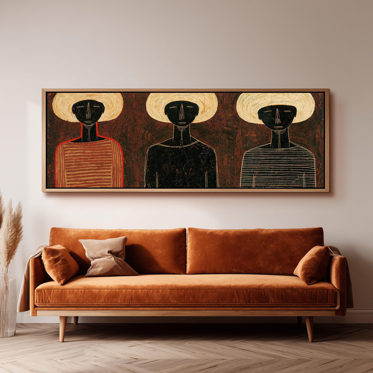 Three figures in striped shirts long horizontal canvas print above a sofa in a living room