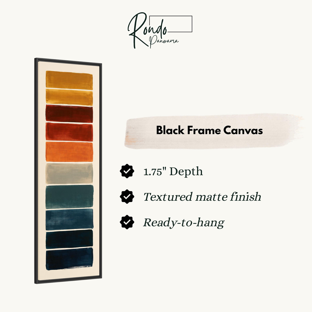 Stack of swatches from mustard to navy canvas print in a black floating frame
