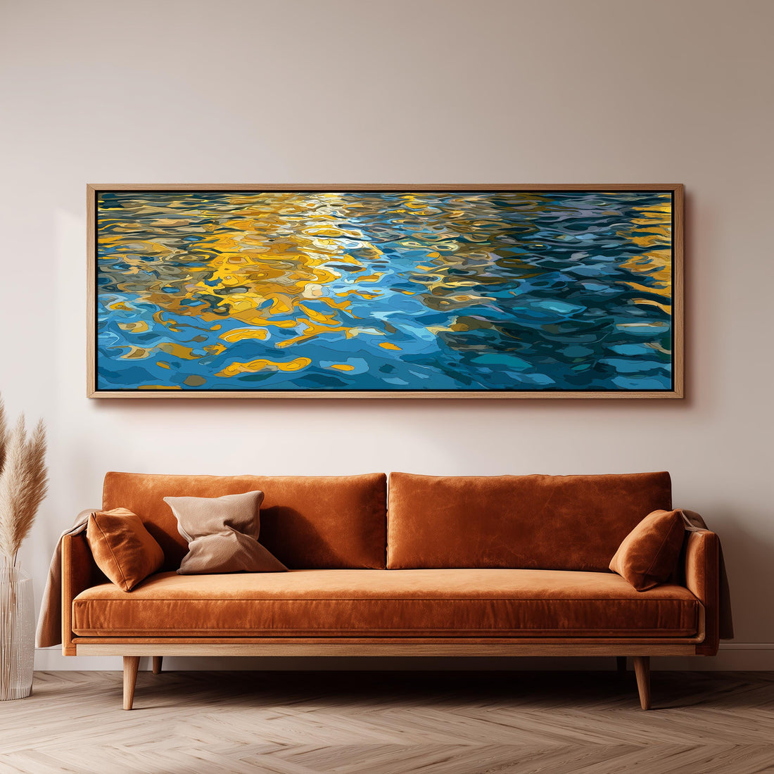 a large, rectangular painting hanging on a wall above a brown sofa.