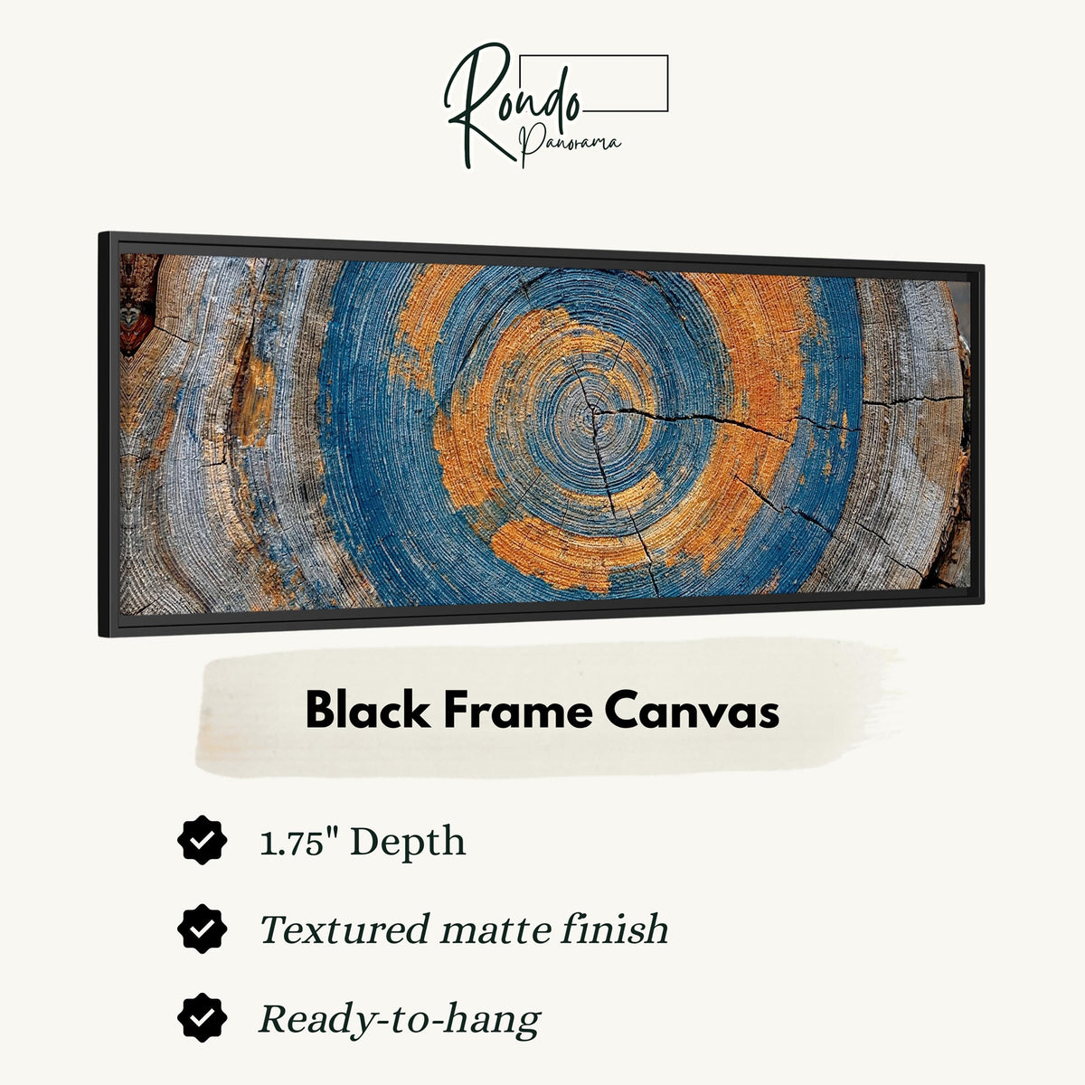Blue and orange tree ring canvas print in a black floating frame