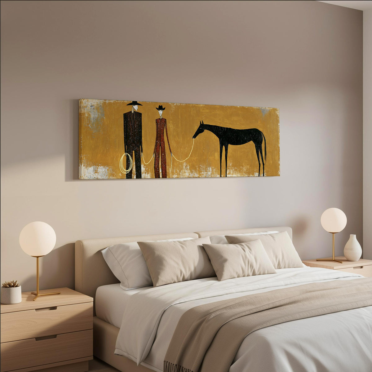 Two cowboys with a dark horse on gold wide panoramic canvas print above a bed in a neutral bedroom