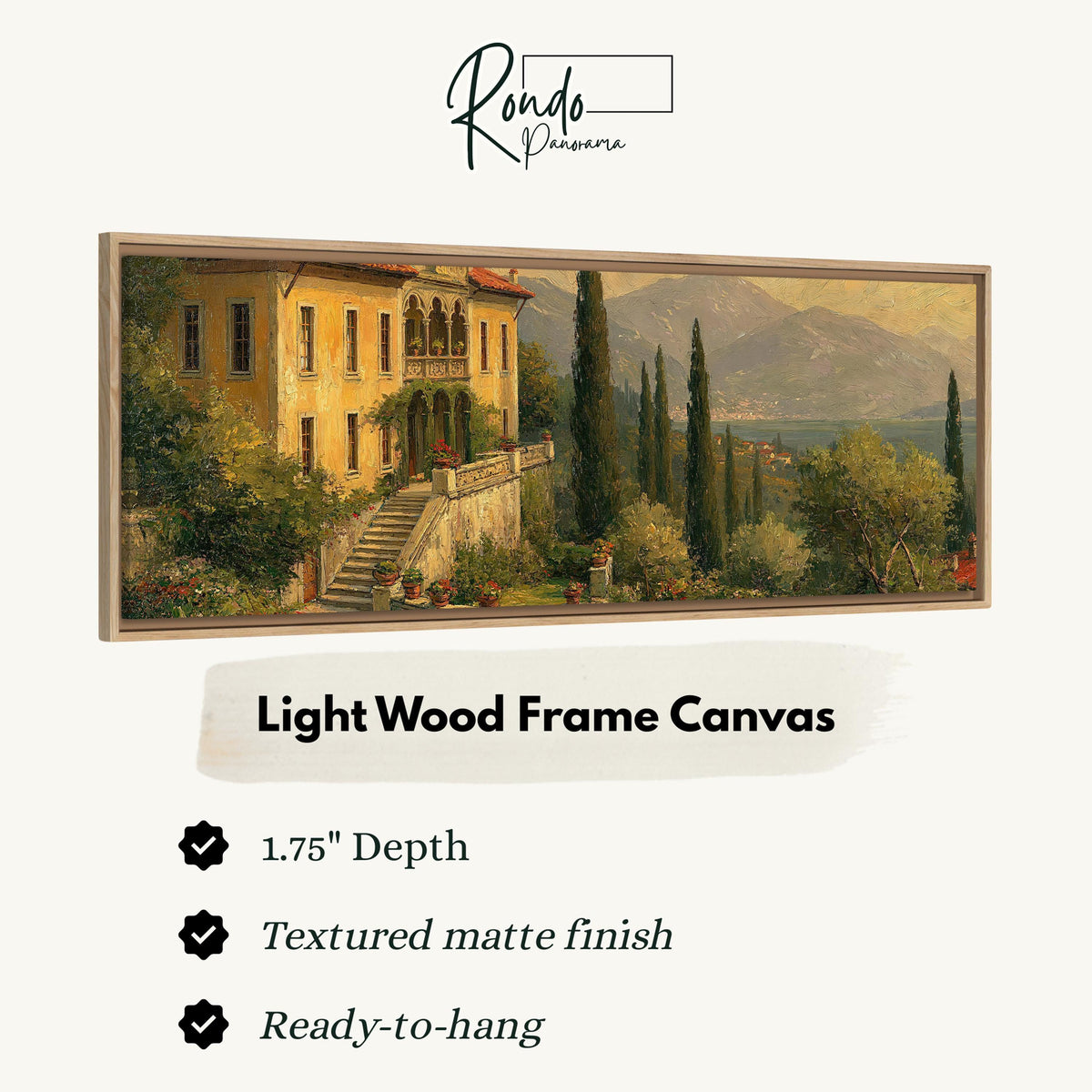 Tuscan villa among cypress hills canvas print in a light wood floating frame