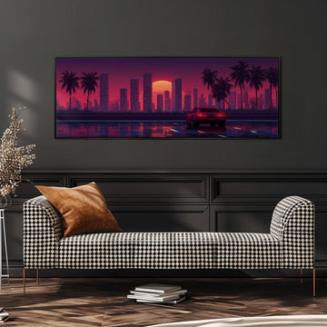 a large, colorful painting of a cityscape with palm trees and a car driving on a road, hanging on a wall above a black and white checkered sofa.