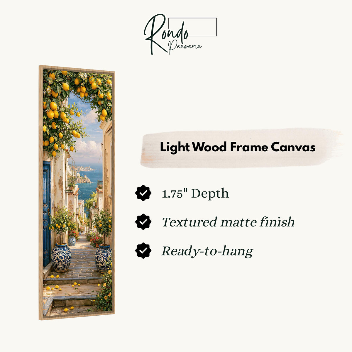Lemon tree alley leading to the sea canvas print in a light wood floating frame