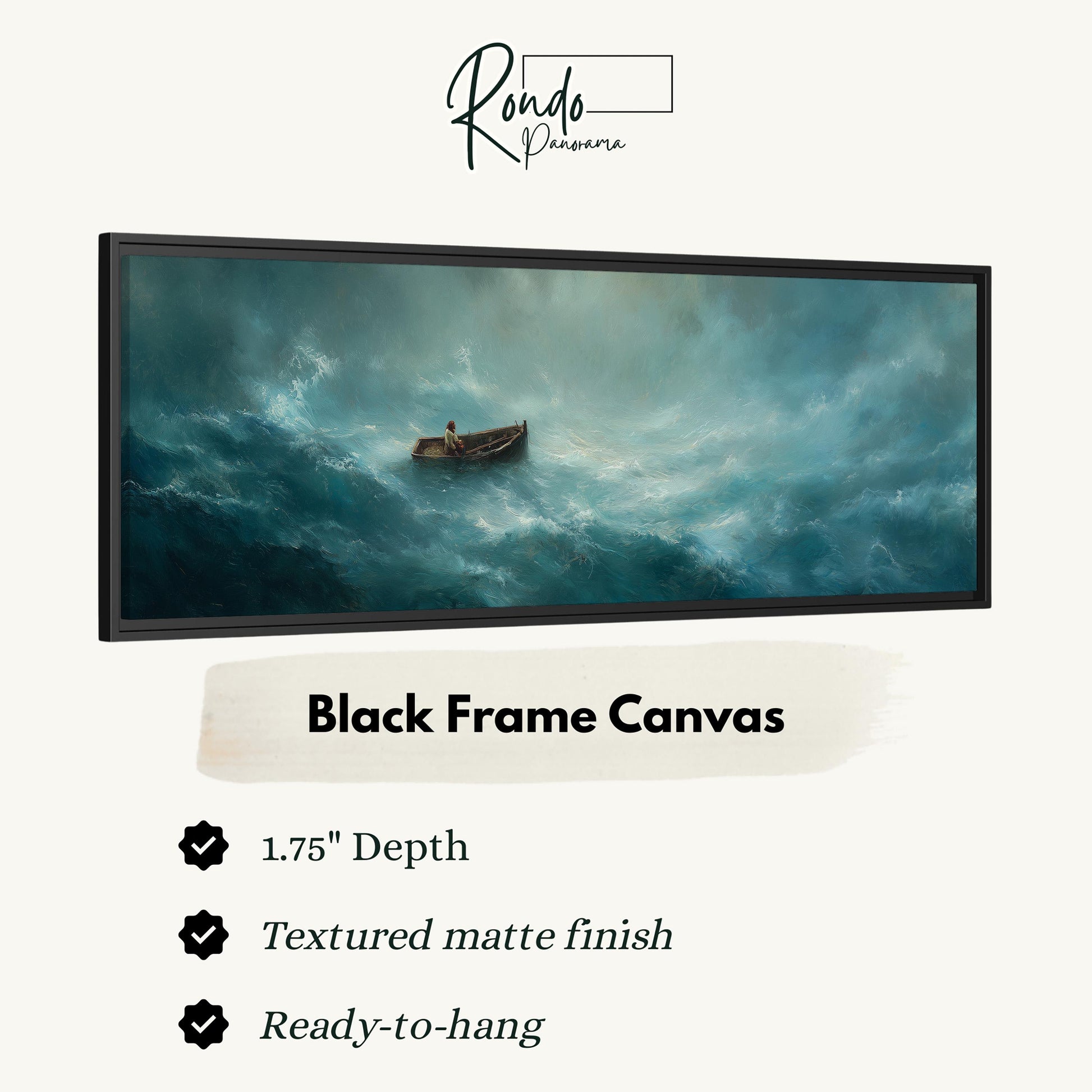 The image is a black frame canvas depicting a boat in rough seas, with a text overlay providing details about the artwork.