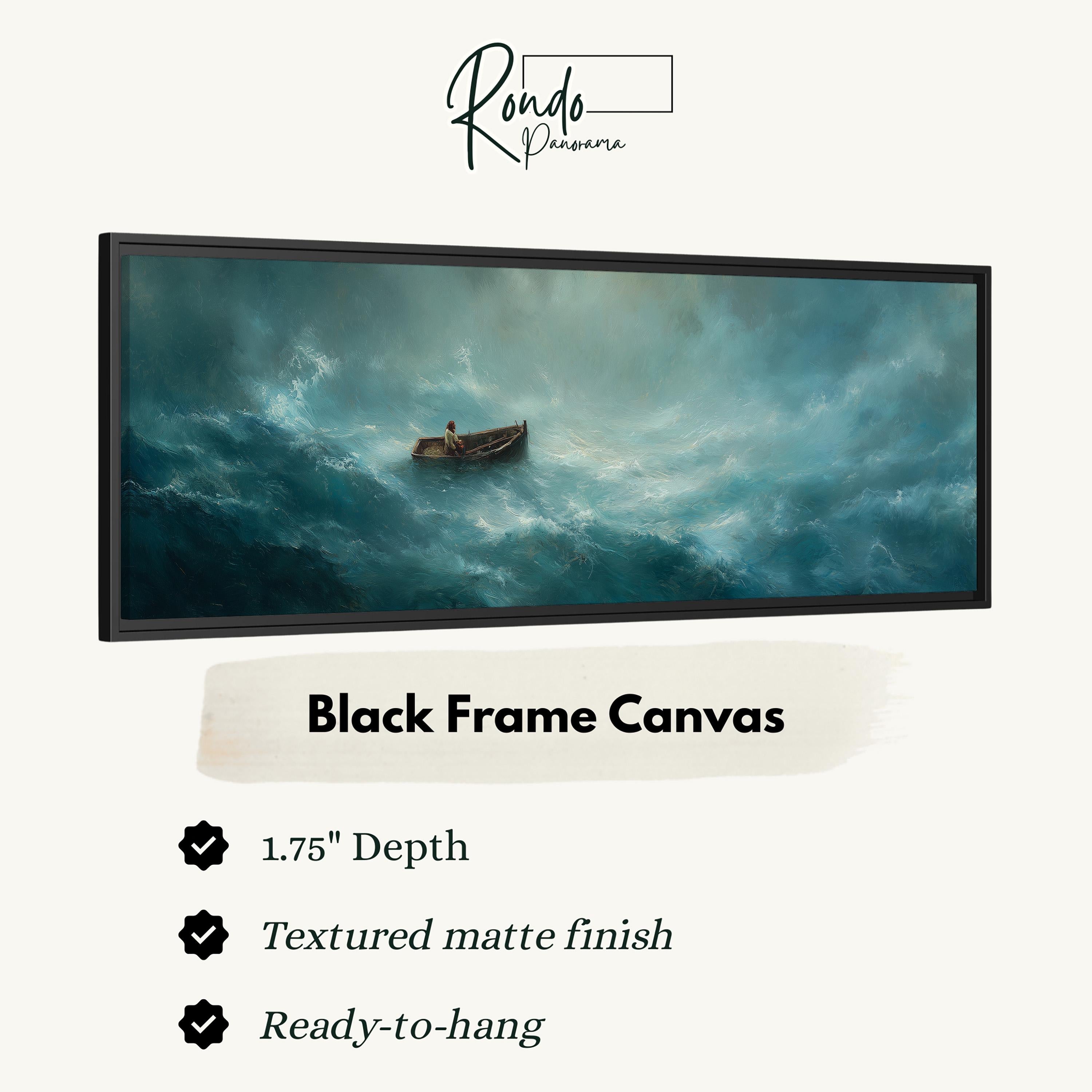The image is a black frame canvas depicting a boat in rough seas, with a text overlay providing details about the artwork.