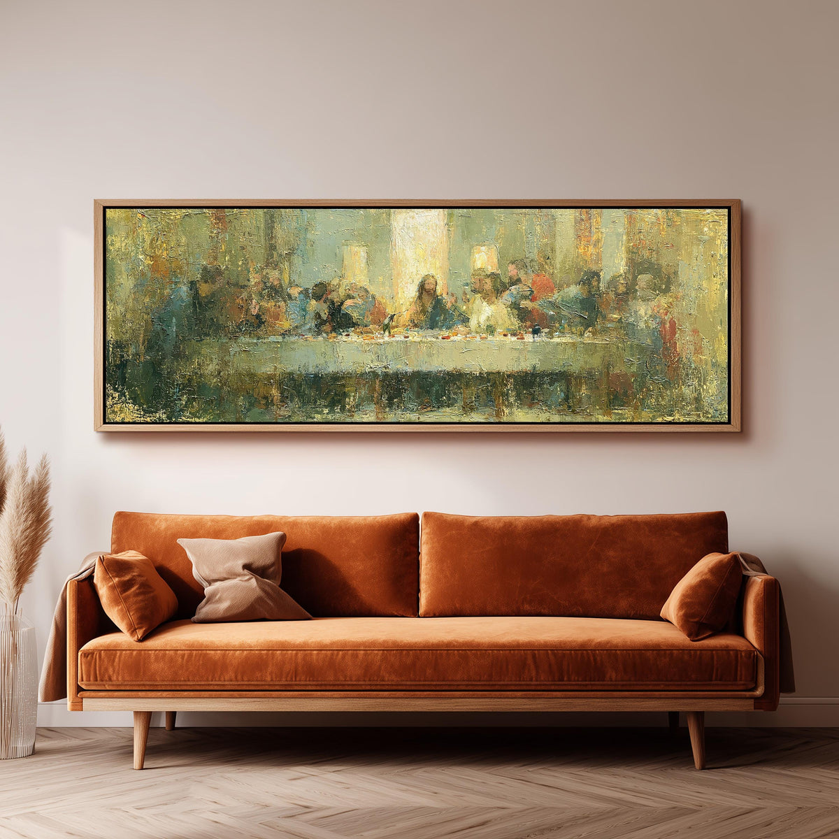 The Last Supper in golden impasto texture panoramic canvas print above a sofa in a living room