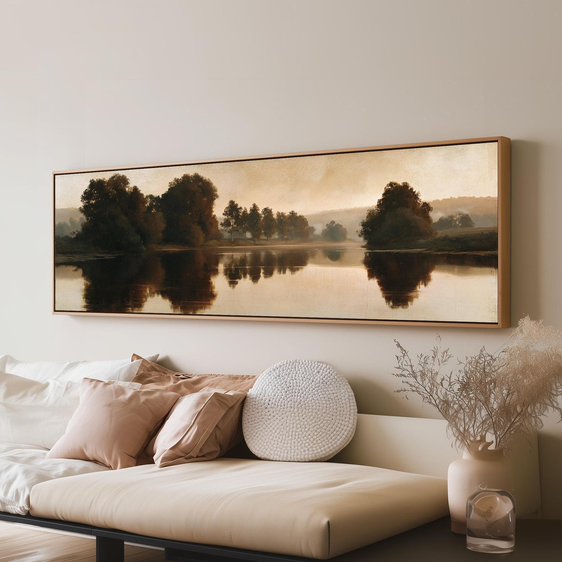 Forest lake reflection at dusk long horizontal canvas print above a sofa in a living room