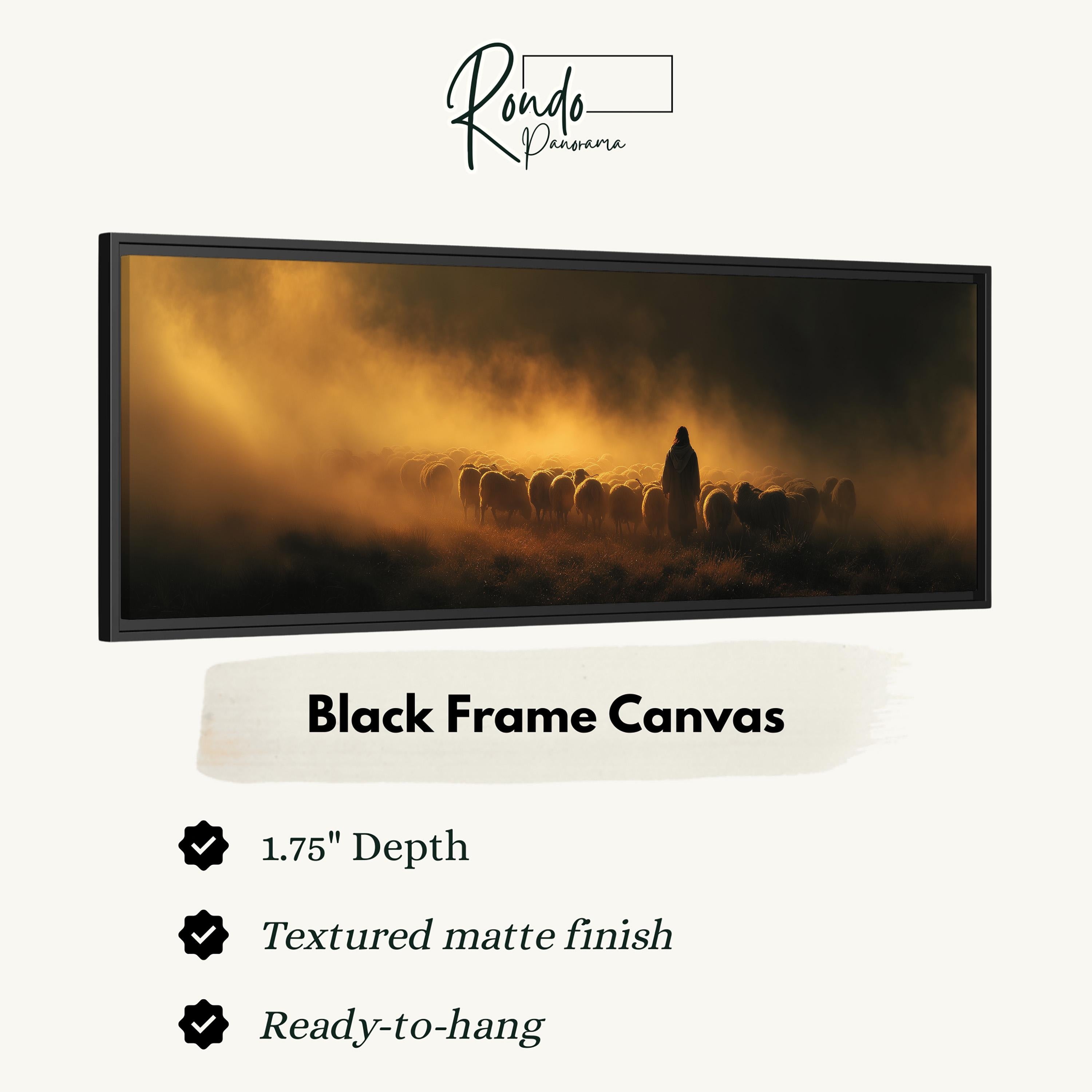 The image is a black frame canvas depicting a herd of sheep in a field with a golden glow, possibly during sunset or sunrise.
