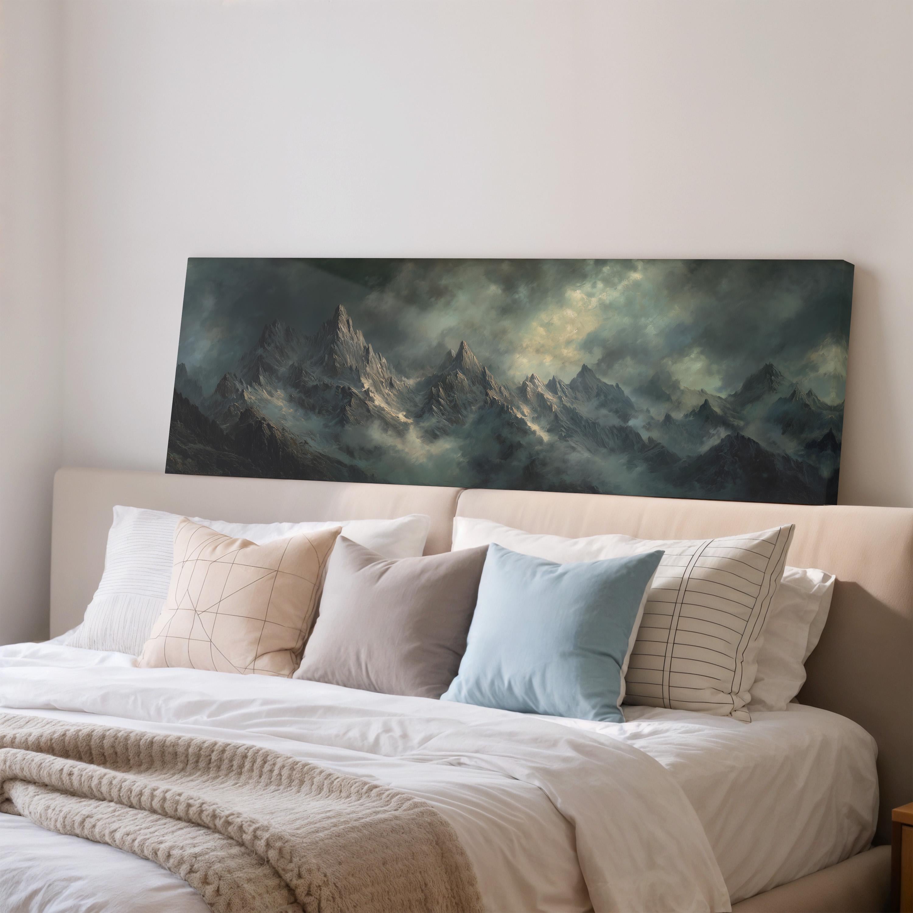 a large painting of a mountainous landscape hanging on a wall above a bed with white bedding and pillows.