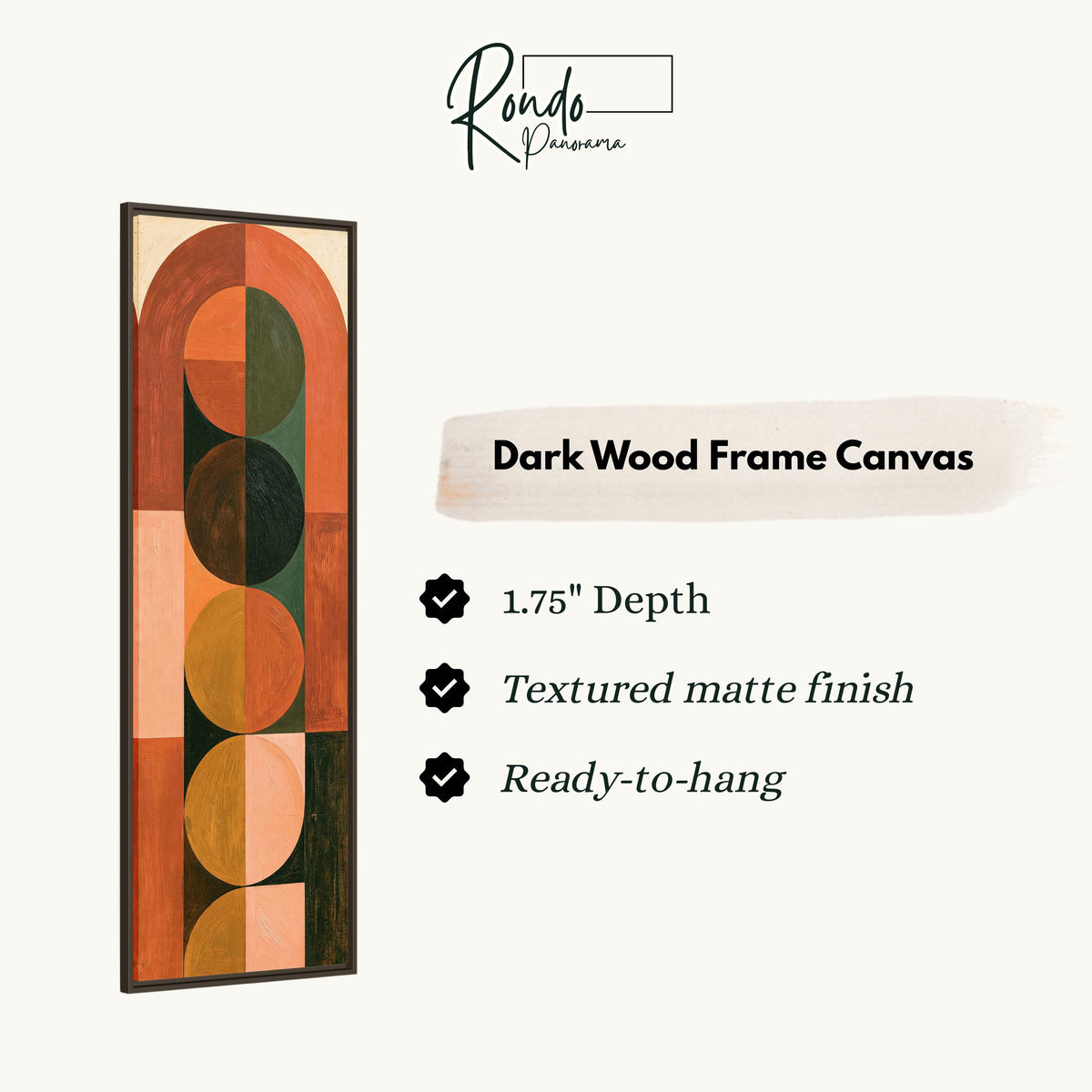 Arch and circle totem in terracotta and mustard canvas print in a dark wood floating frame