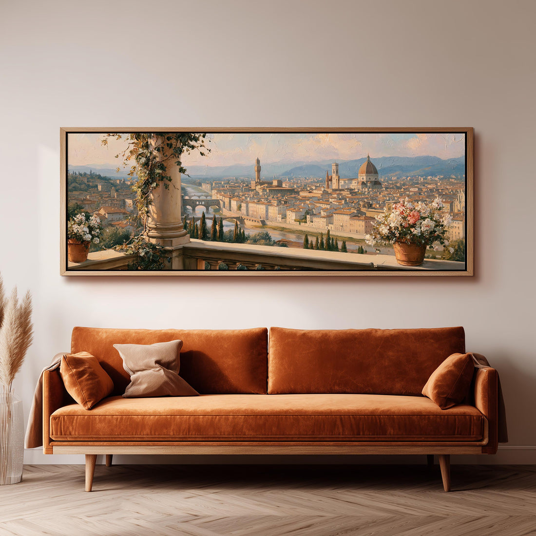 Florence skyline from a flowered balcony long horizontal canvas print above a sofa in a living room