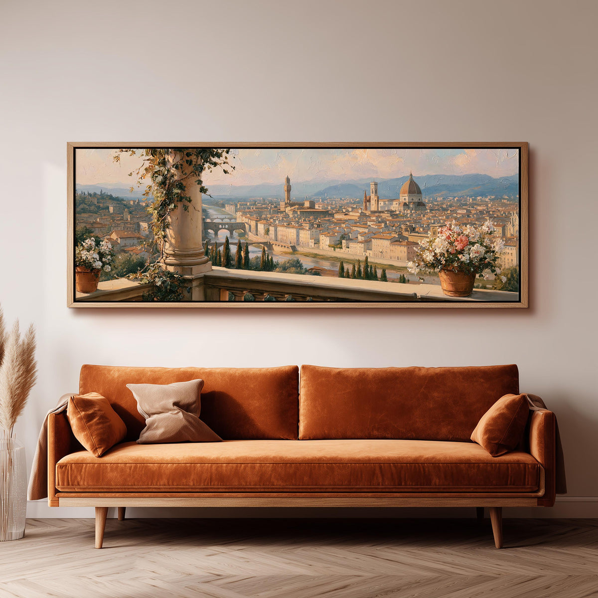 Florence skyline from a flowered balcony panoramic canvas print above a sofa in a living room