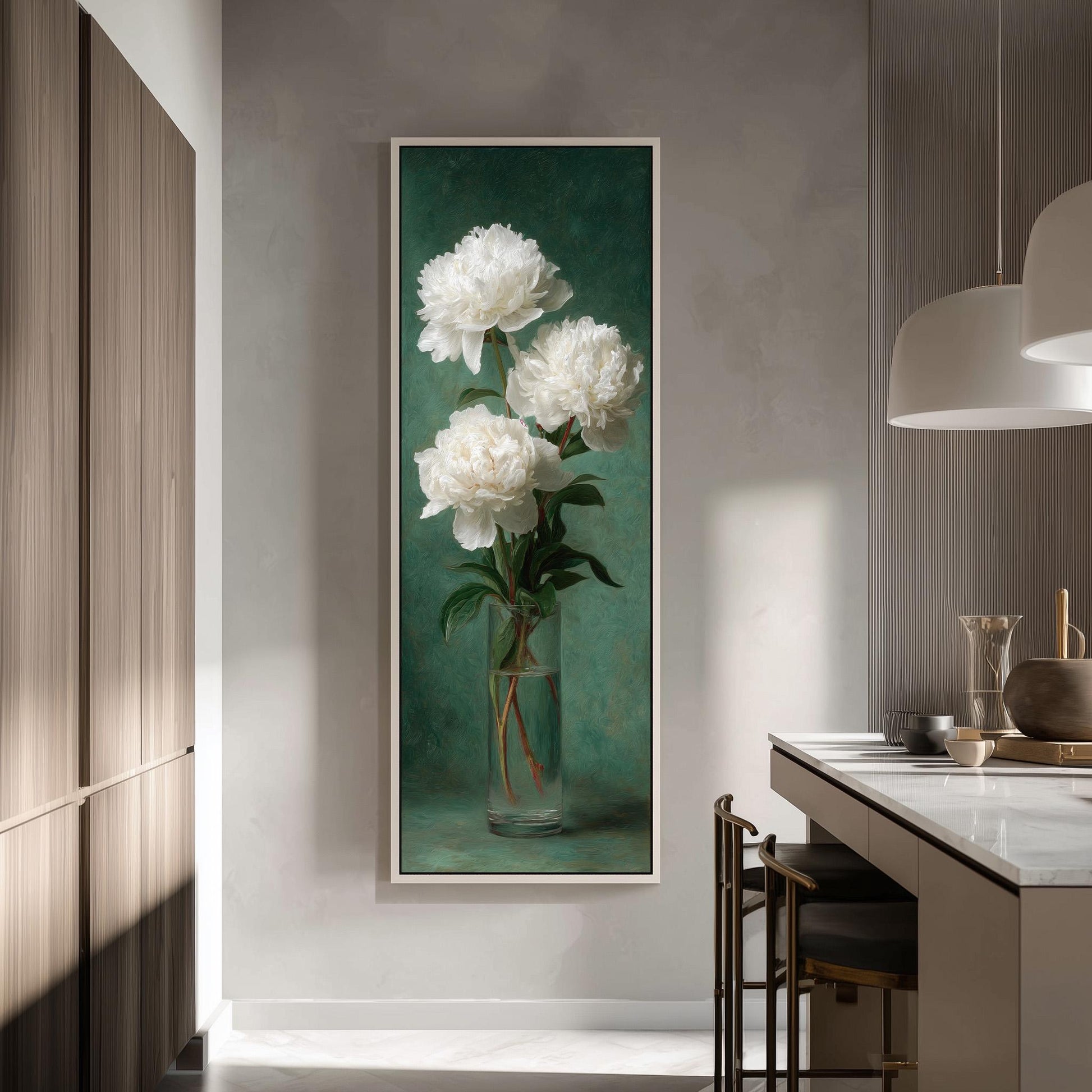 a large framed painting of white peonies hanging on a wall in a modern kitchen.