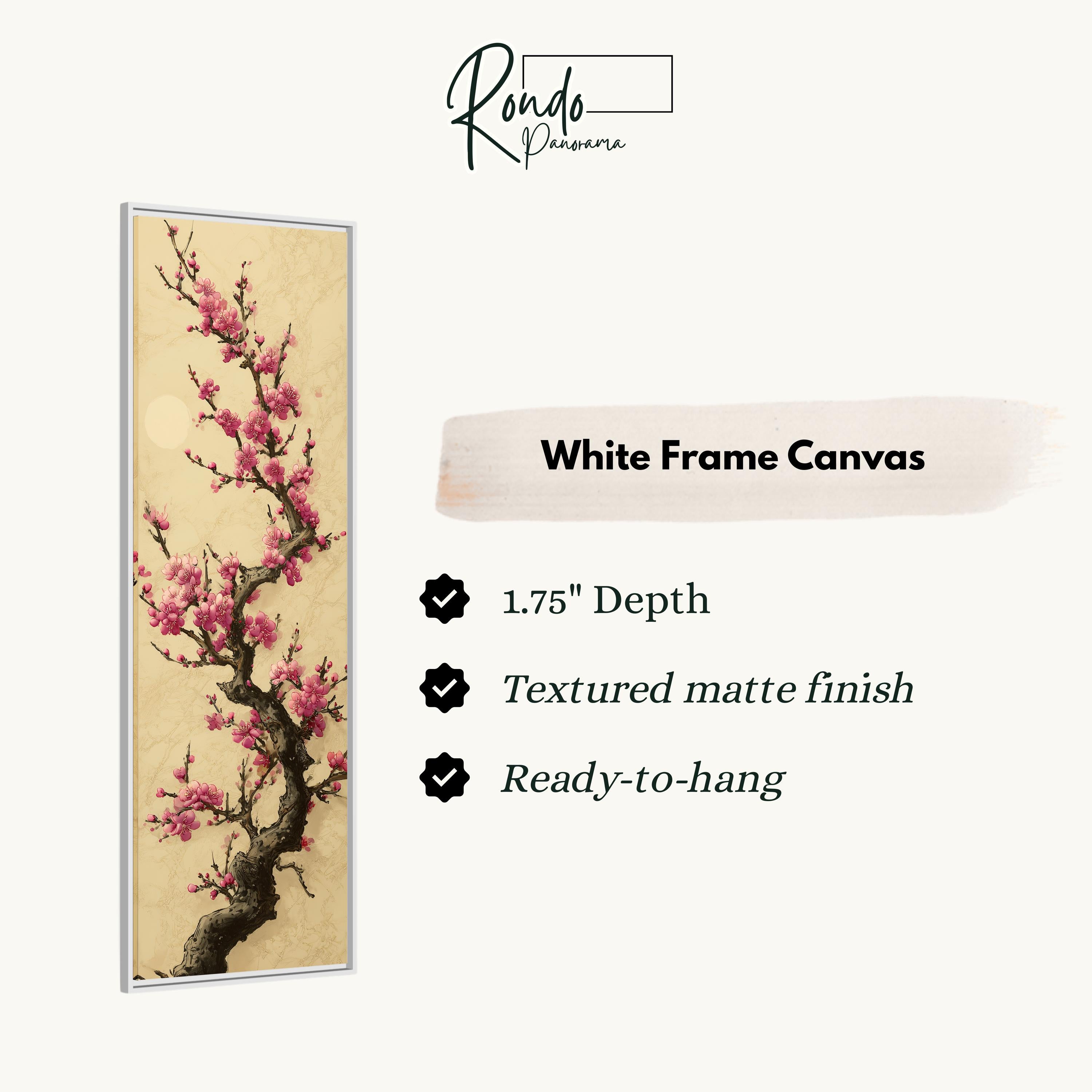 a white frame canvas with a painting of a tree with pink flowers.