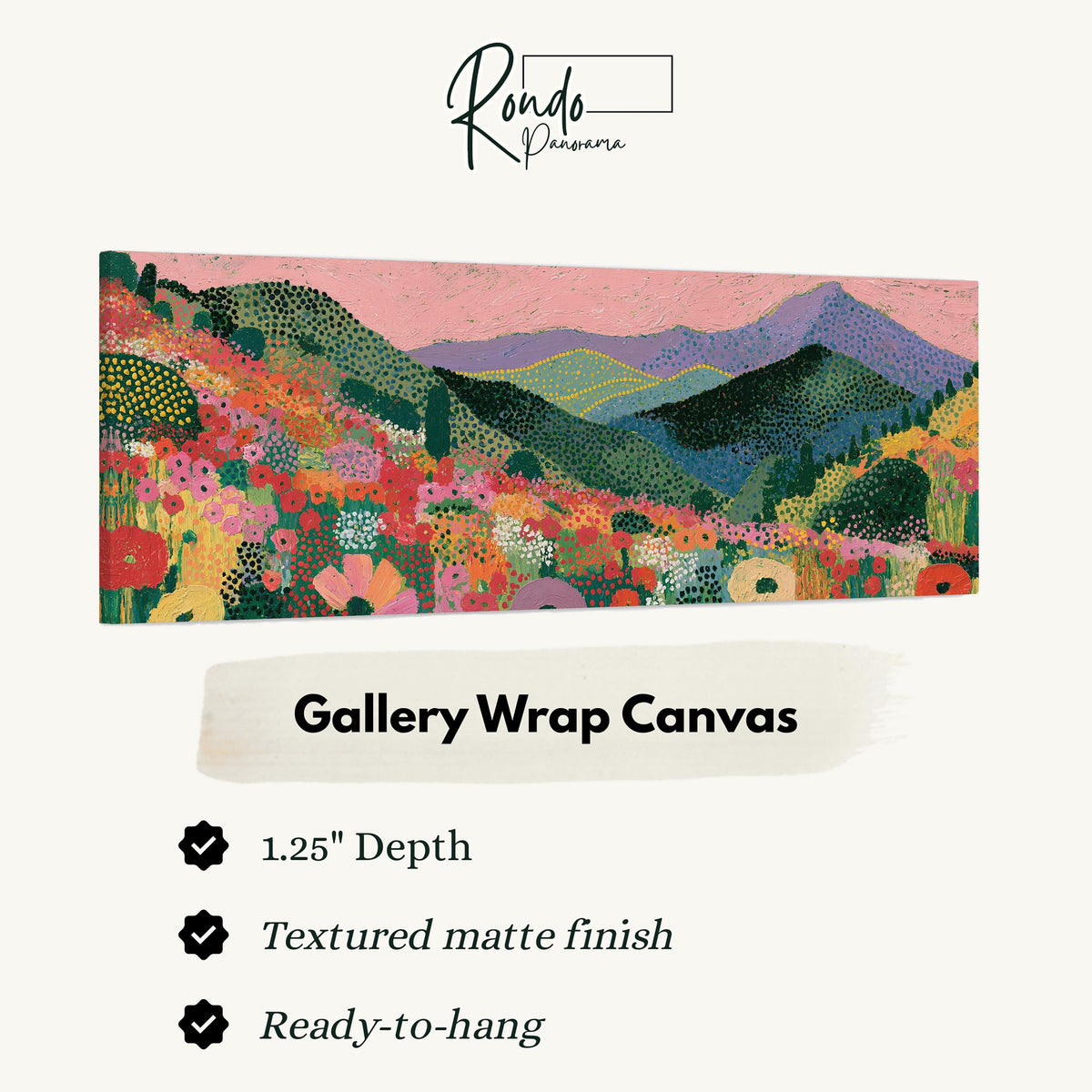 Purple mountains over a flower meadow gallery wrap canvas with the image wrapped around the edges