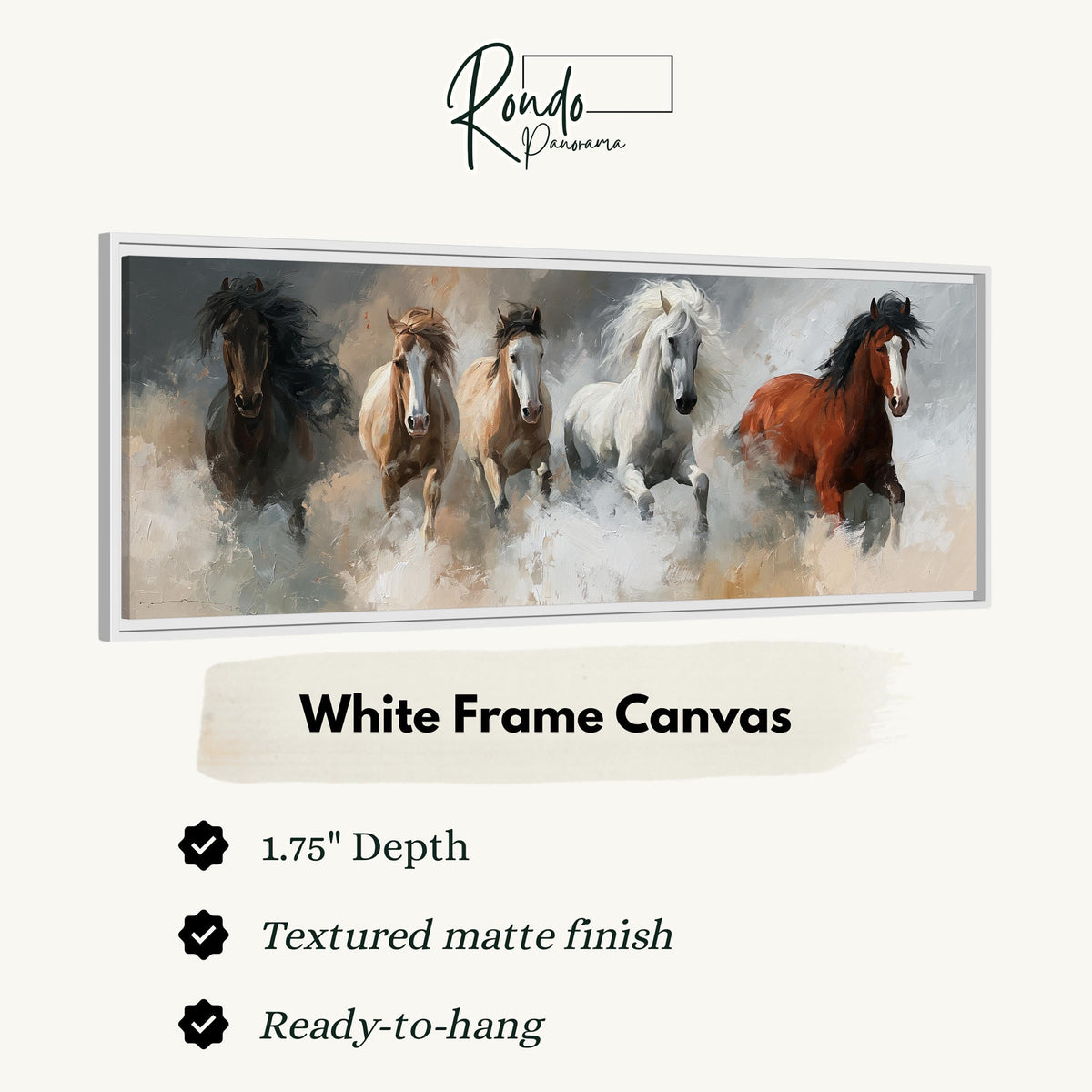 Five horses running through smoke canvas print in a white floating frame