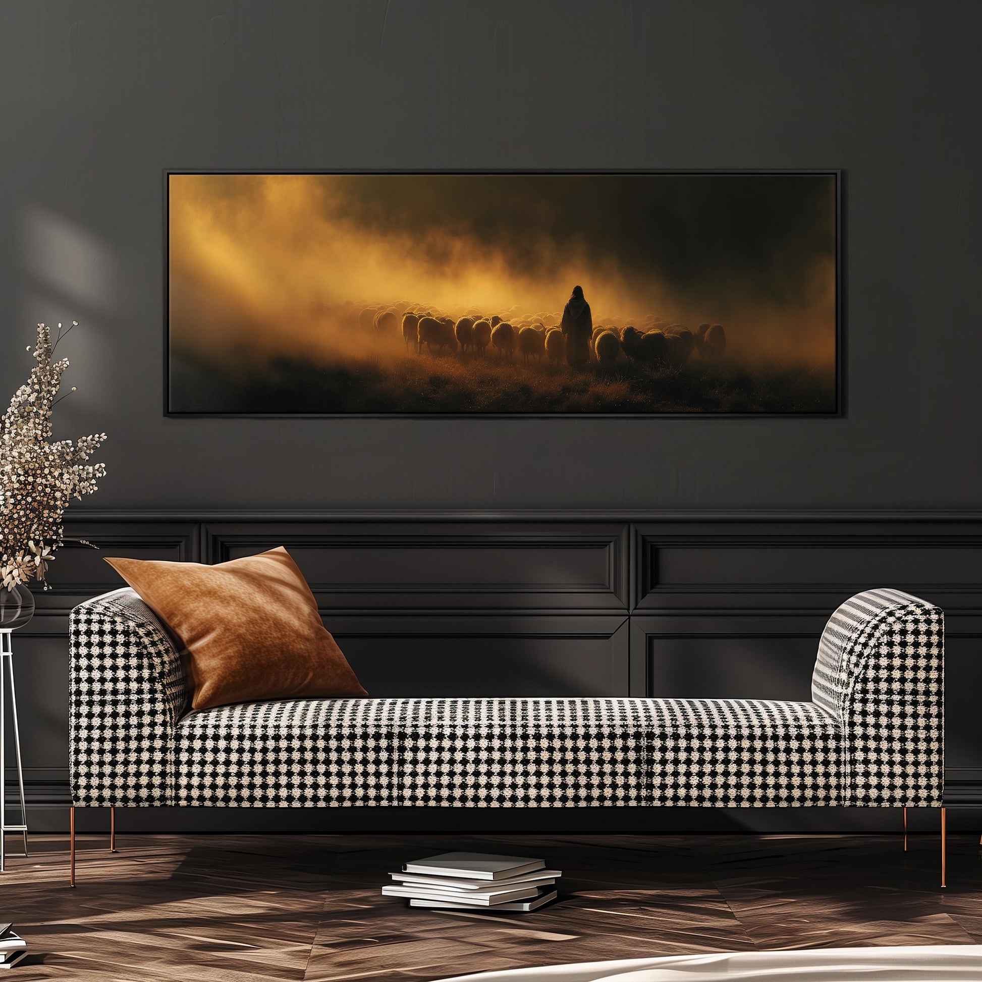 a large black and white checkered sofa with a brown throw pillow, set against a dark wall with a framed painting depicting a group of people in a misty, atmospheric scene.