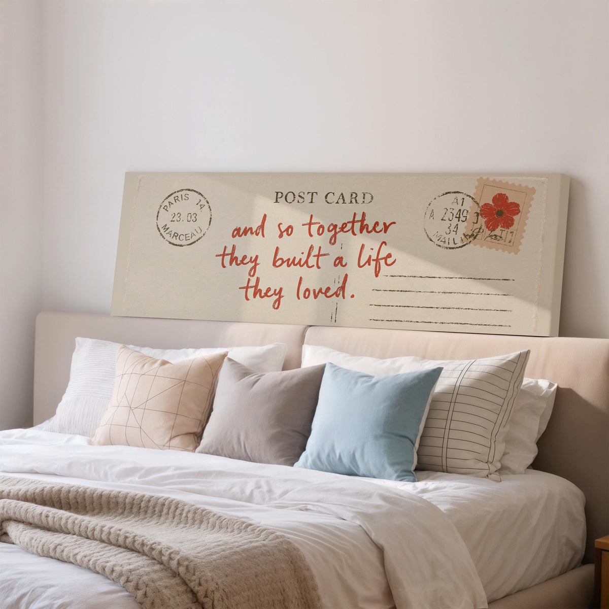 Paris postcard saying and so together they built a life they loved long horizontal canvas print above a wooden sideboard