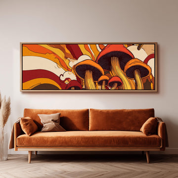 a large, colorful painting of mushrooms hanging on a wall above a brown sofa.