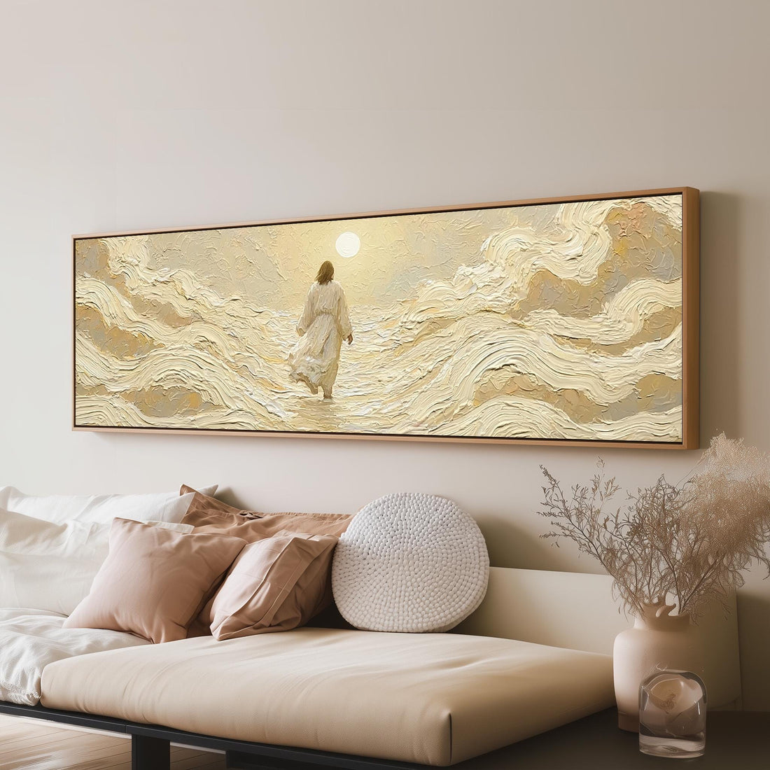 Jesus walking on golden waves long horizontal canvas print above a sofa in a living room