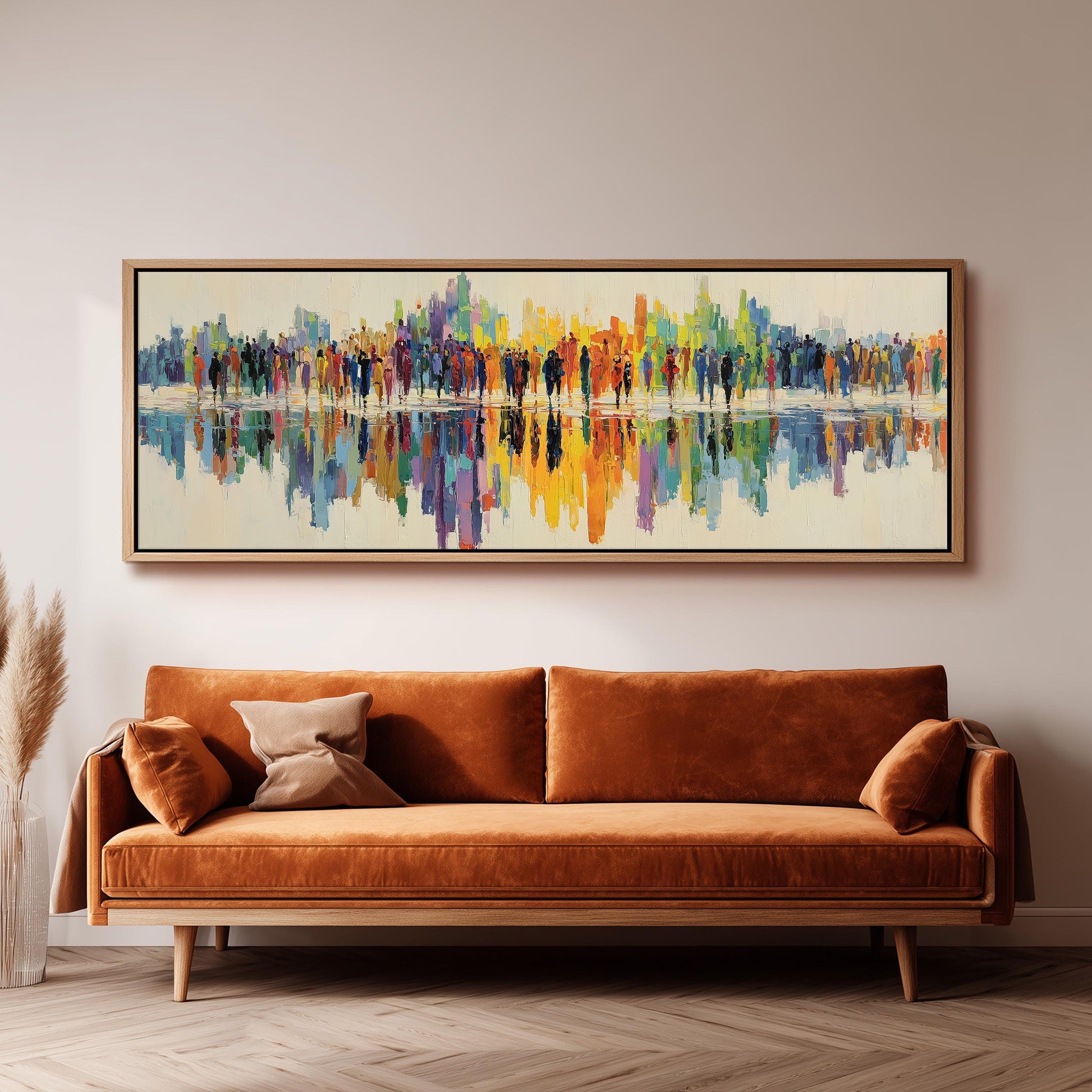 a large, colorful painting of a cityscape hanging on a wall above a brown sofa.