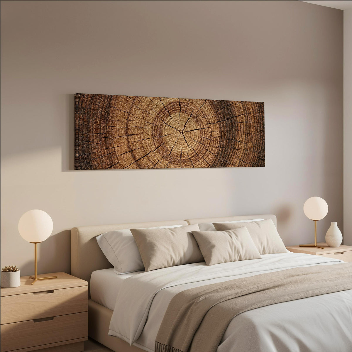 Warm oak wood ring wide panoramic canvas print above a bed in a neutral bedroom