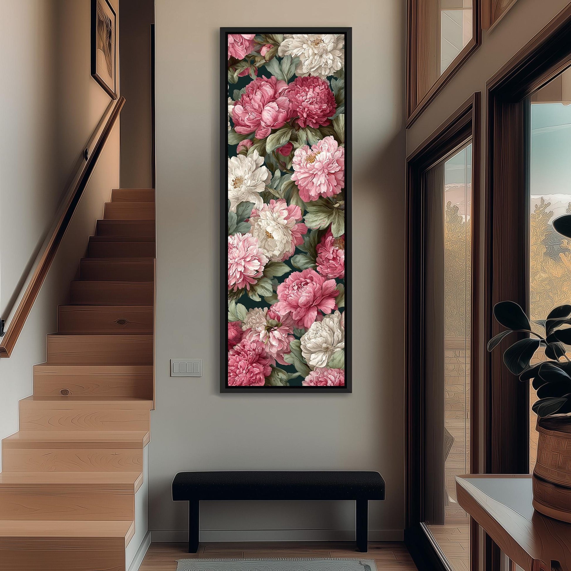 a large floral painting hanging on the wall of a hallway, with a wooden staircase and a bench in the foreground.