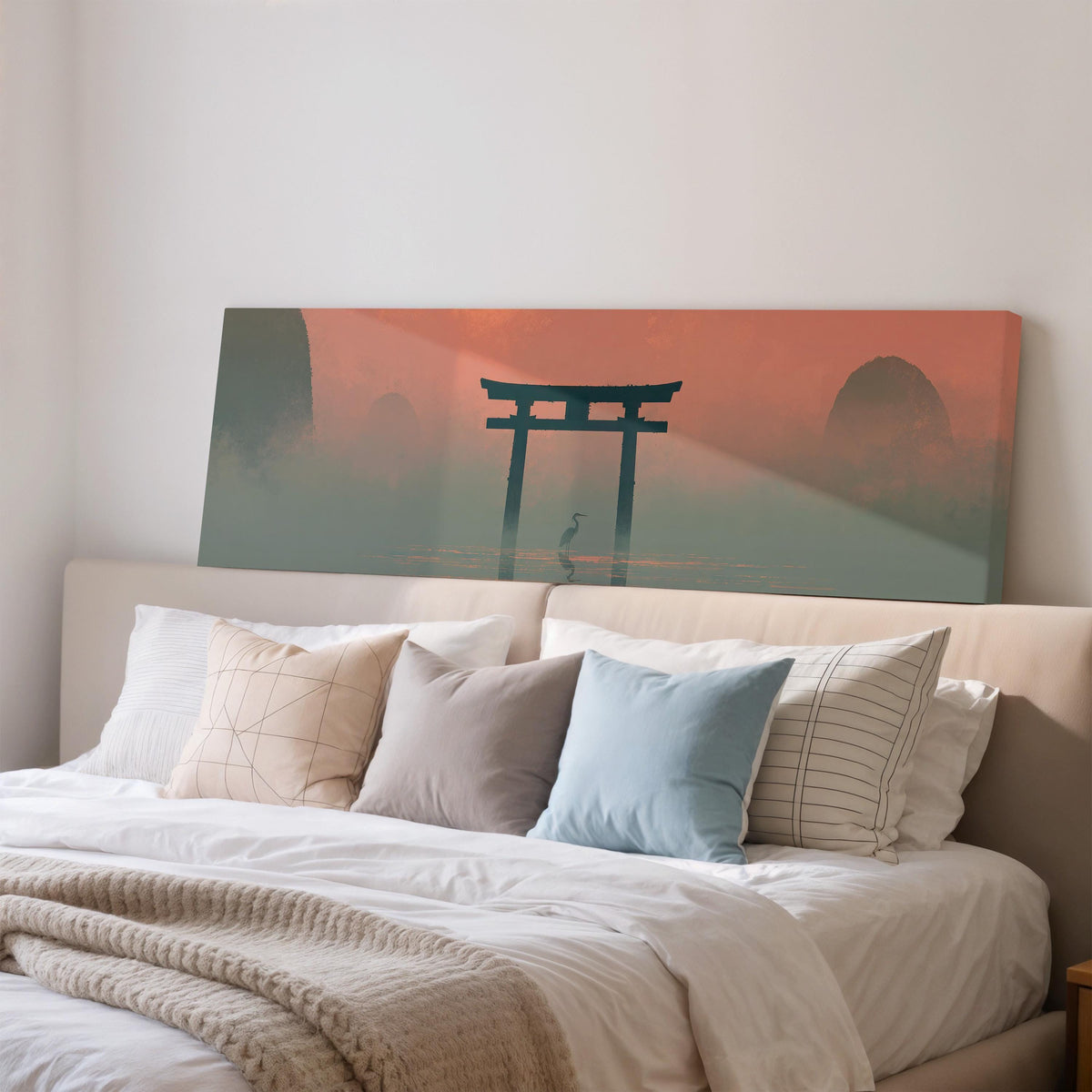 Torii gate and heron in pink mist wide panoramic canvas print above a bed in a bedroom
