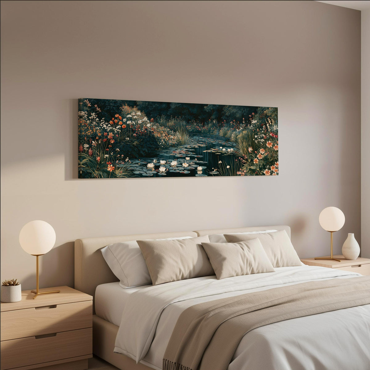 Lily pond surrounded by wildflowers wide panoramic canvas print above a bed in a neutral bedroom