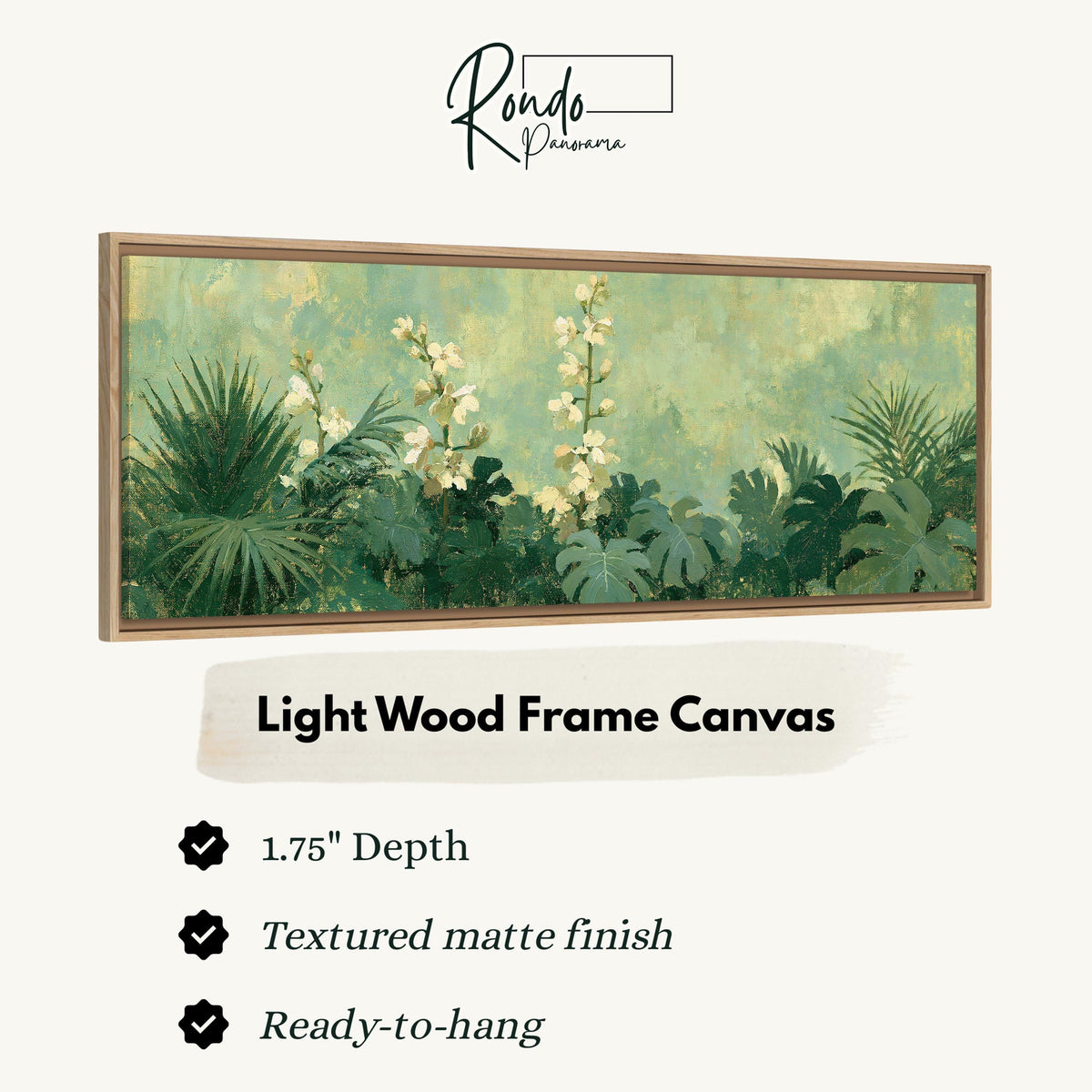 Tropical white blooms in green foliage canvas print in a light wood floating frame