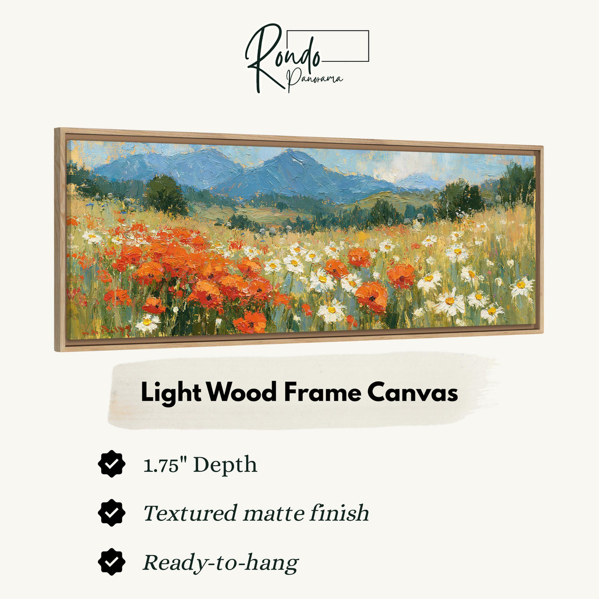 Alpine poppy and daisy meadow canvas print in a light wood floating frame