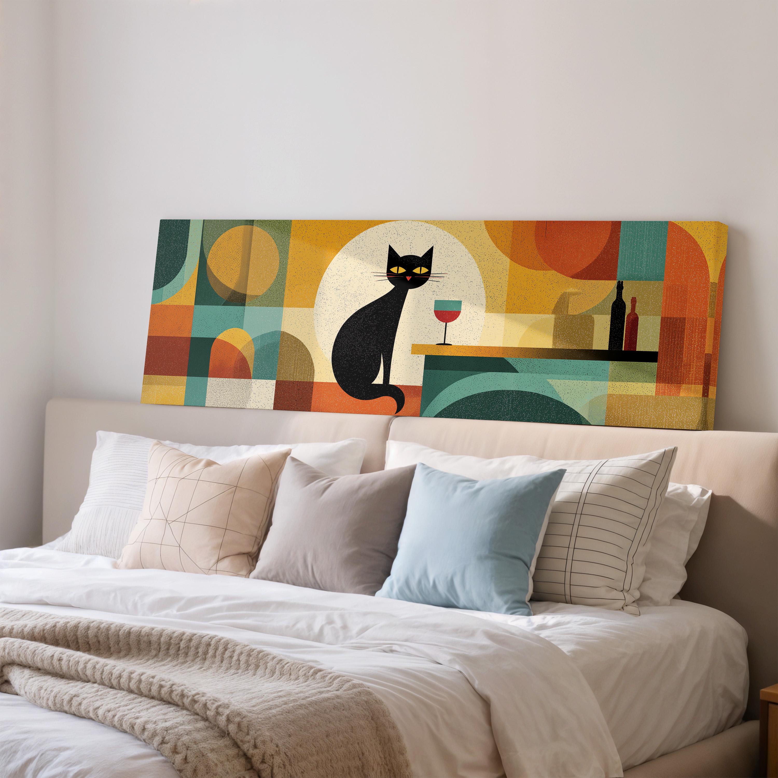 a large abstract painting of a cat sitting on a table, with a wine glass and bottles in the background.