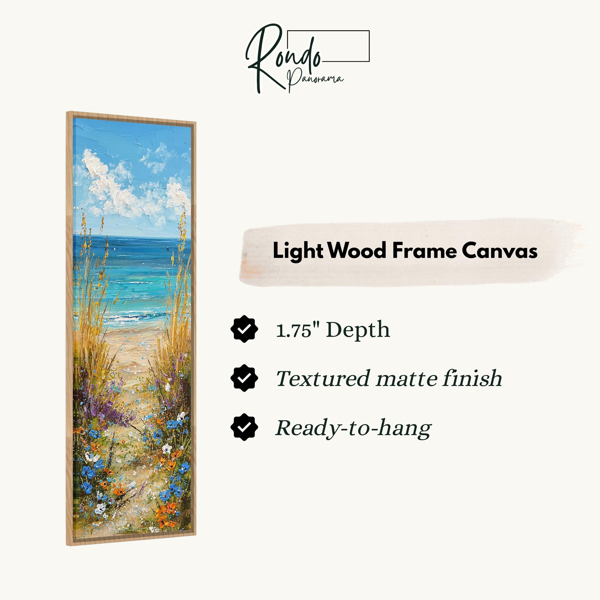 The image is a light wood frame canvas depicting a beach scene with a path leading to the ocean.