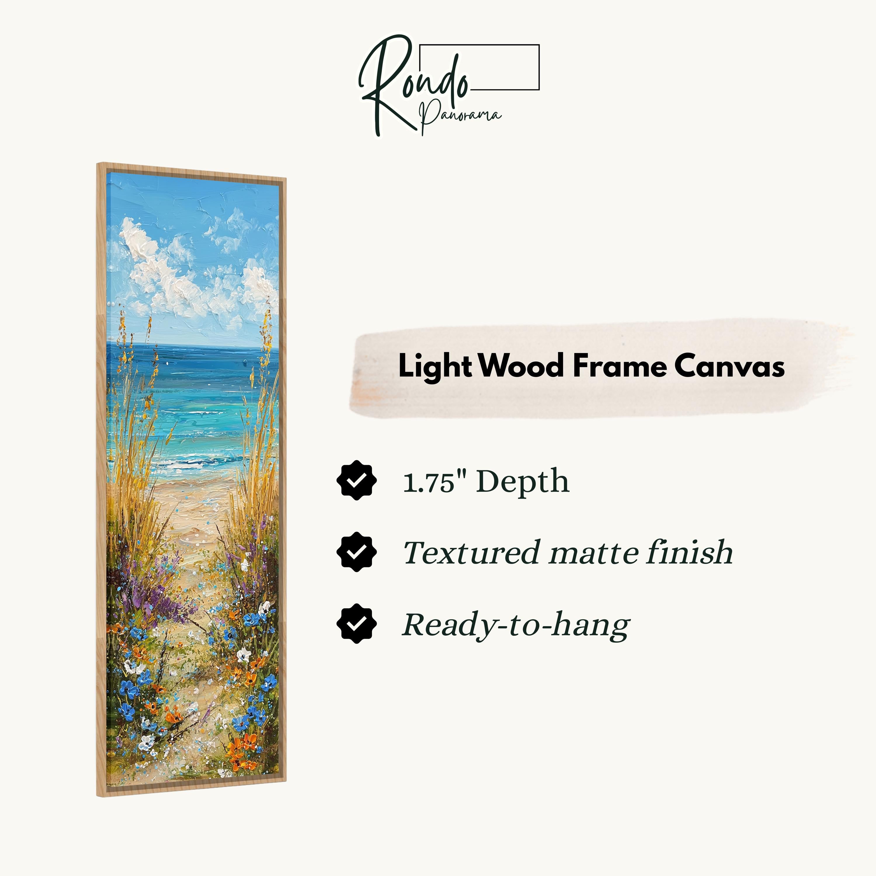 The image is a light wood frame canvas depicting a beach scene with a path leading to the ocean.