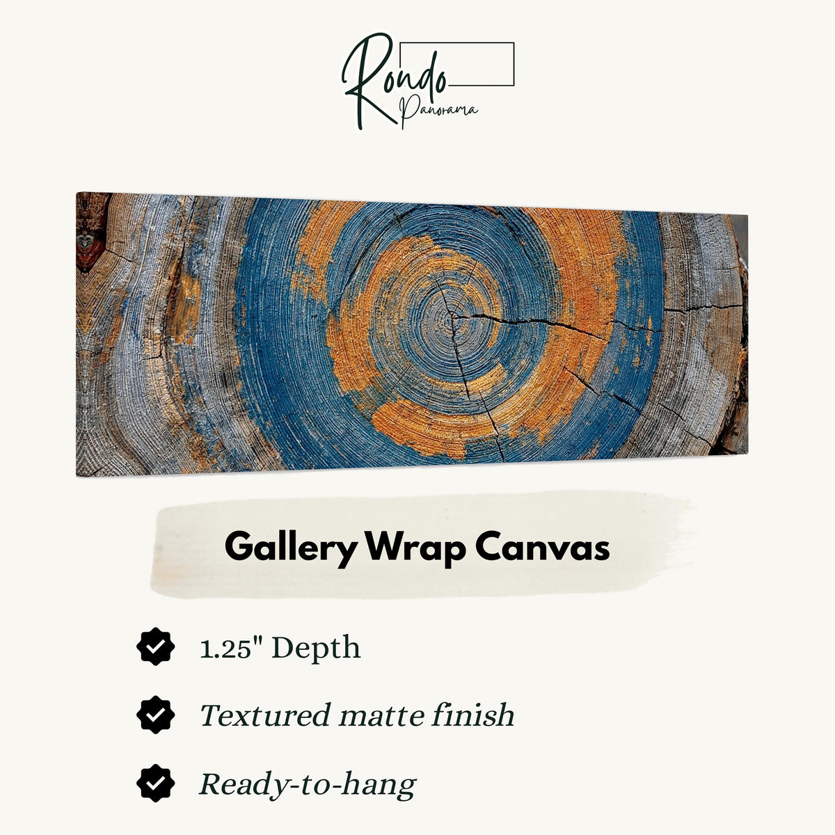 Blue and orange tree ring gallery wrap canvas with the image wrapped around the edges