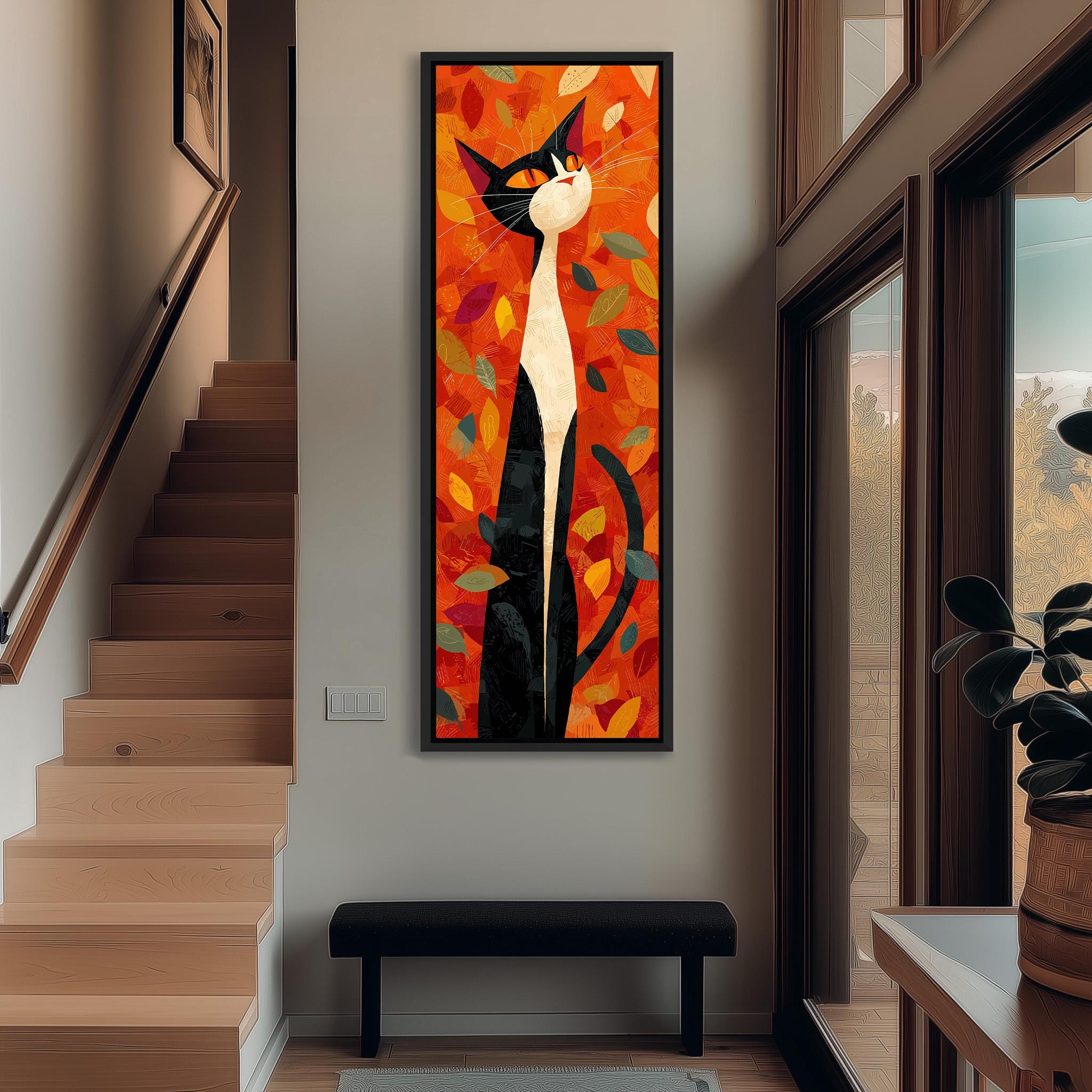 a large, colorful painting of a cat hanging on the wall of a hallway. The painting is surrounded by a wooden staircase and a bench, creating a cozy and inviting atmosphere.