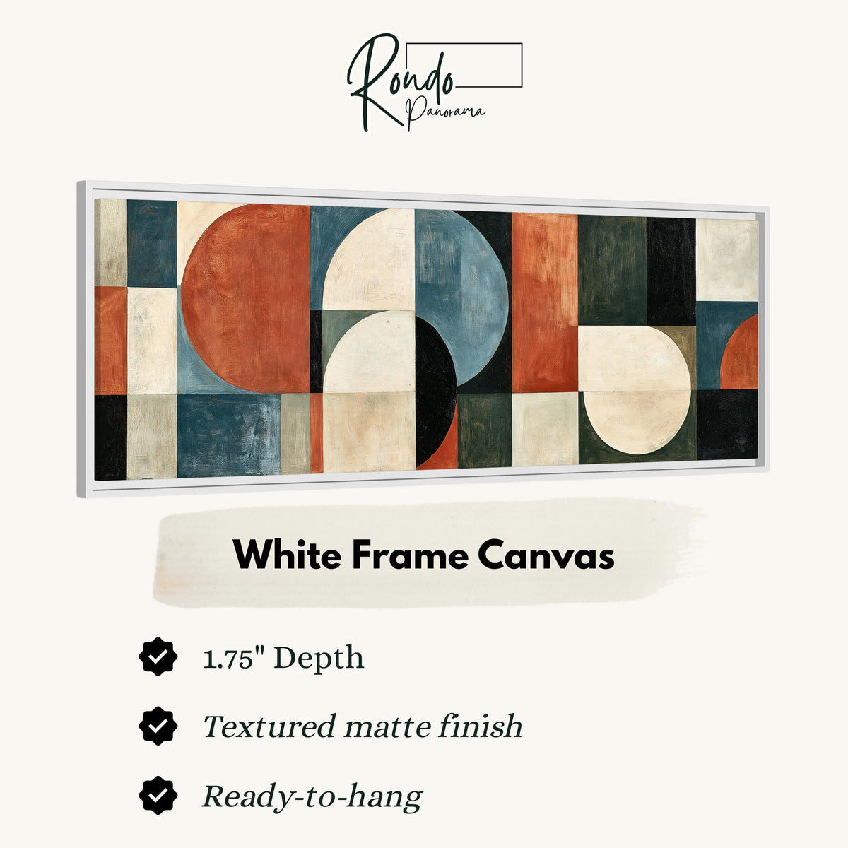 Rust and blue geometric arches and circles canvas print in a white floating frame