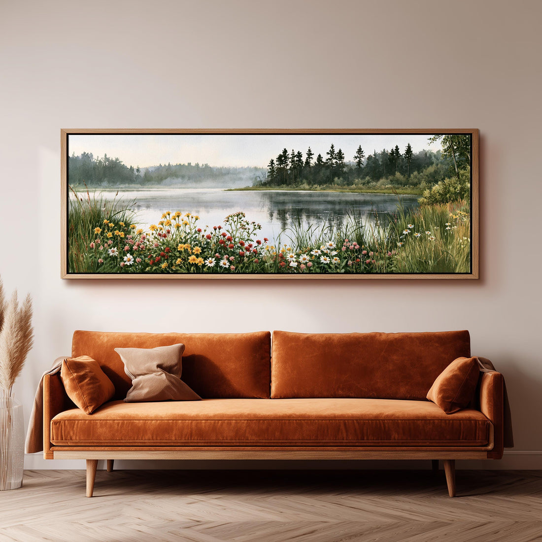 Lake with wildflowers on the shore long horizontal canvas print above a sofa in a living room