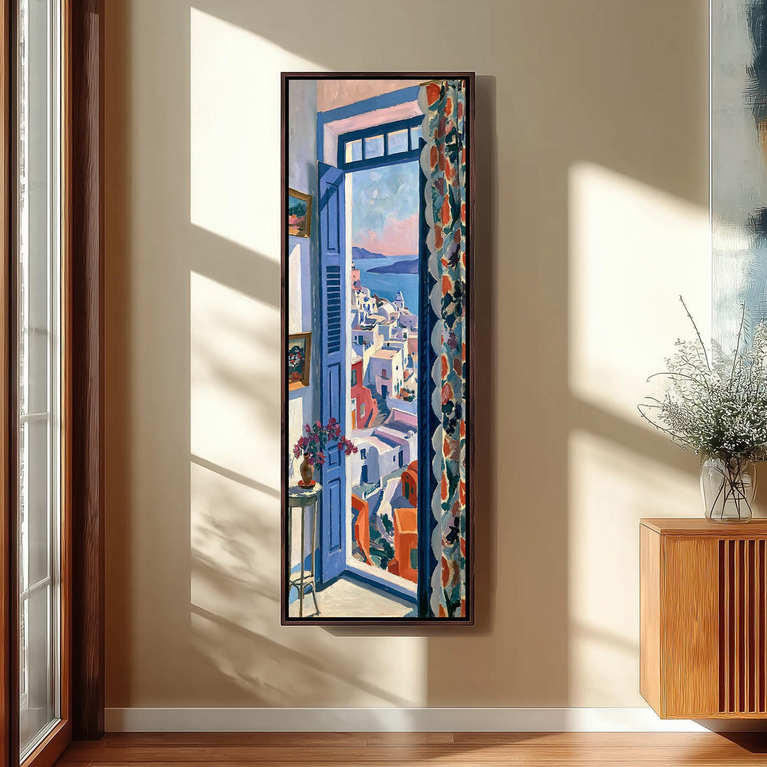 Santorini at sunset through a tall window long vertical canvas print in a sunlit living space