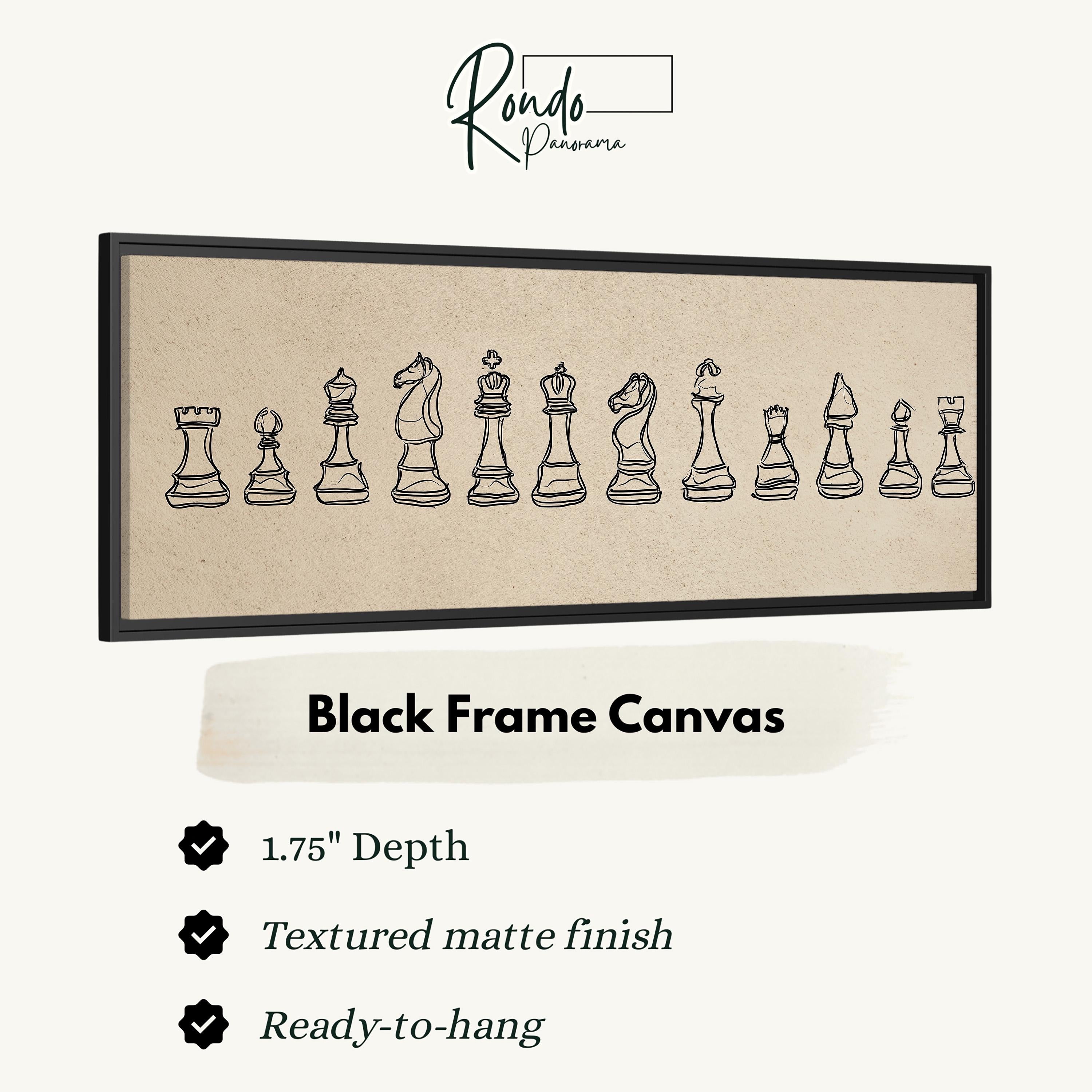 a black frame canvas with a line drawing of a chess set on it.