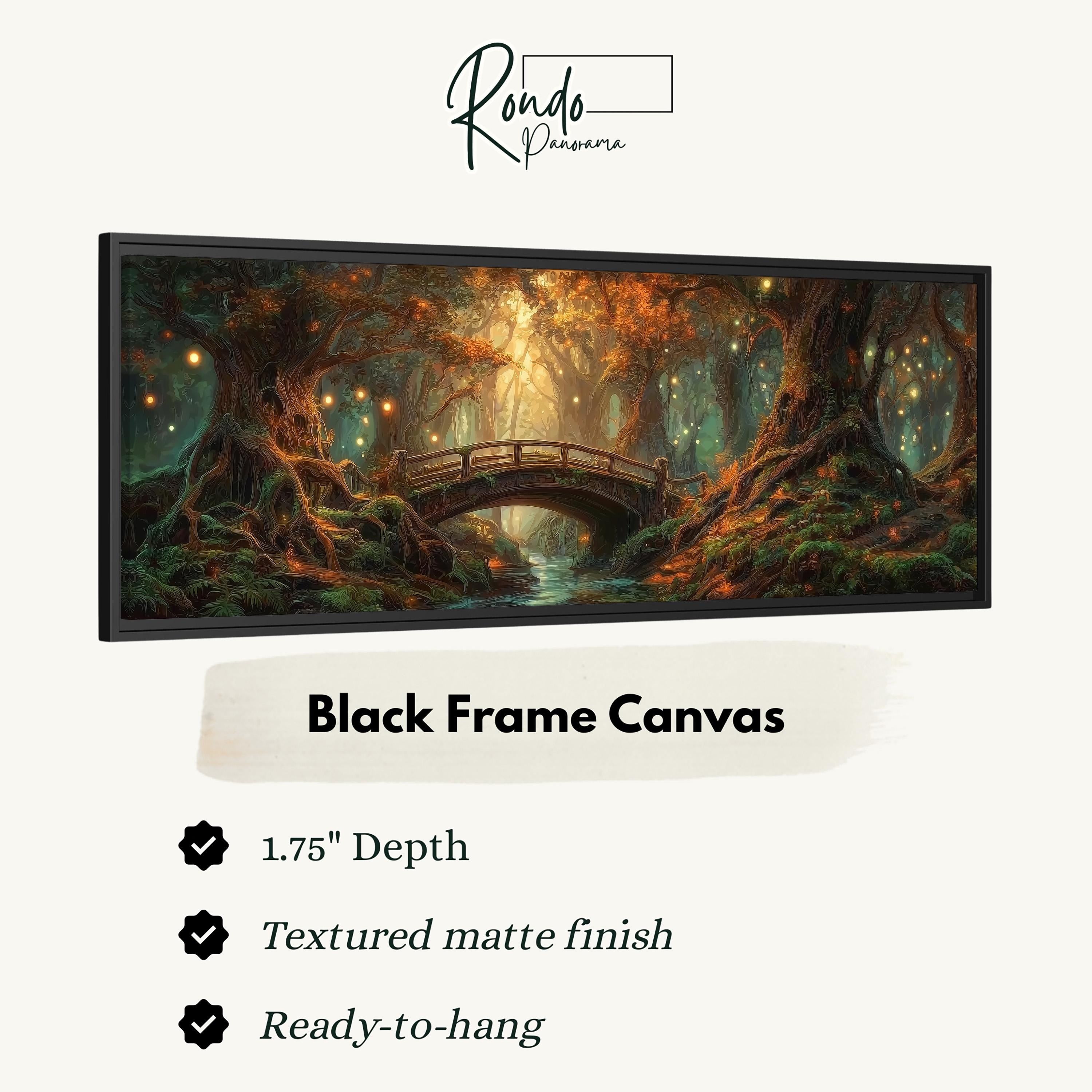 The image is a black frame canvas depicting a forest scene with a bridge.