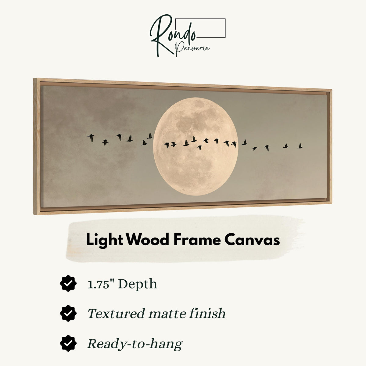 Geese crossing a full moon on grey canvas print in a light wood floating frame