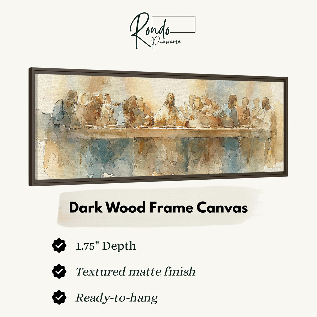 The Last Supper in watercolor canvas print in a dark wood floating frame