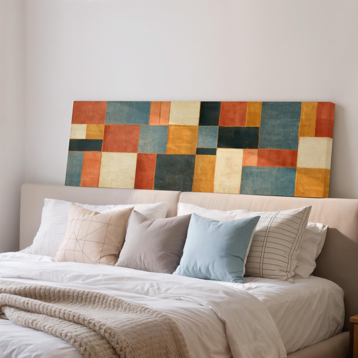 Rust, gold, navy and cream quilt blocks wide panoramic canvas print above a bed in a bedroom