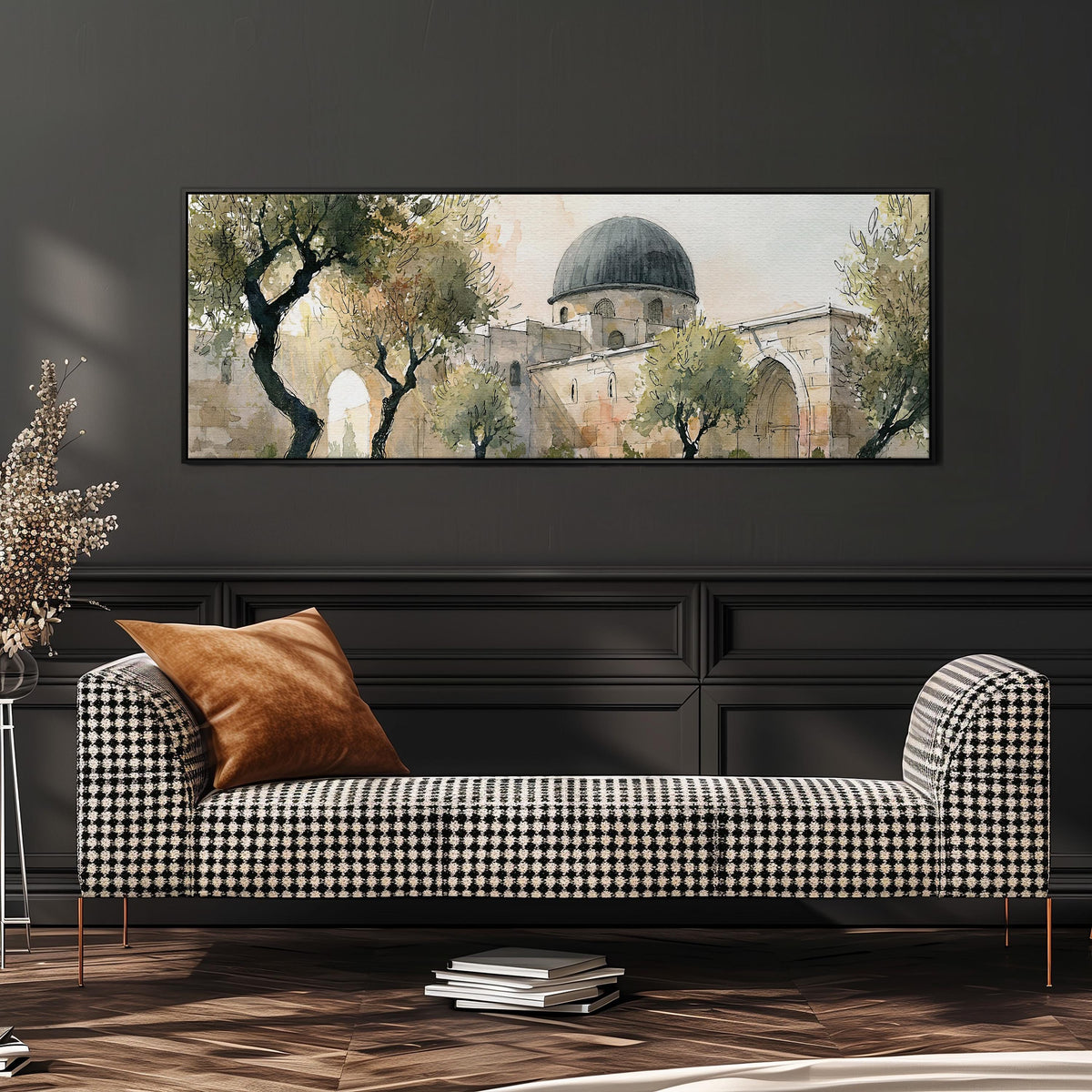 Old stone dome in a sketch style wide panoramic canvas print above a bench in a dark living room