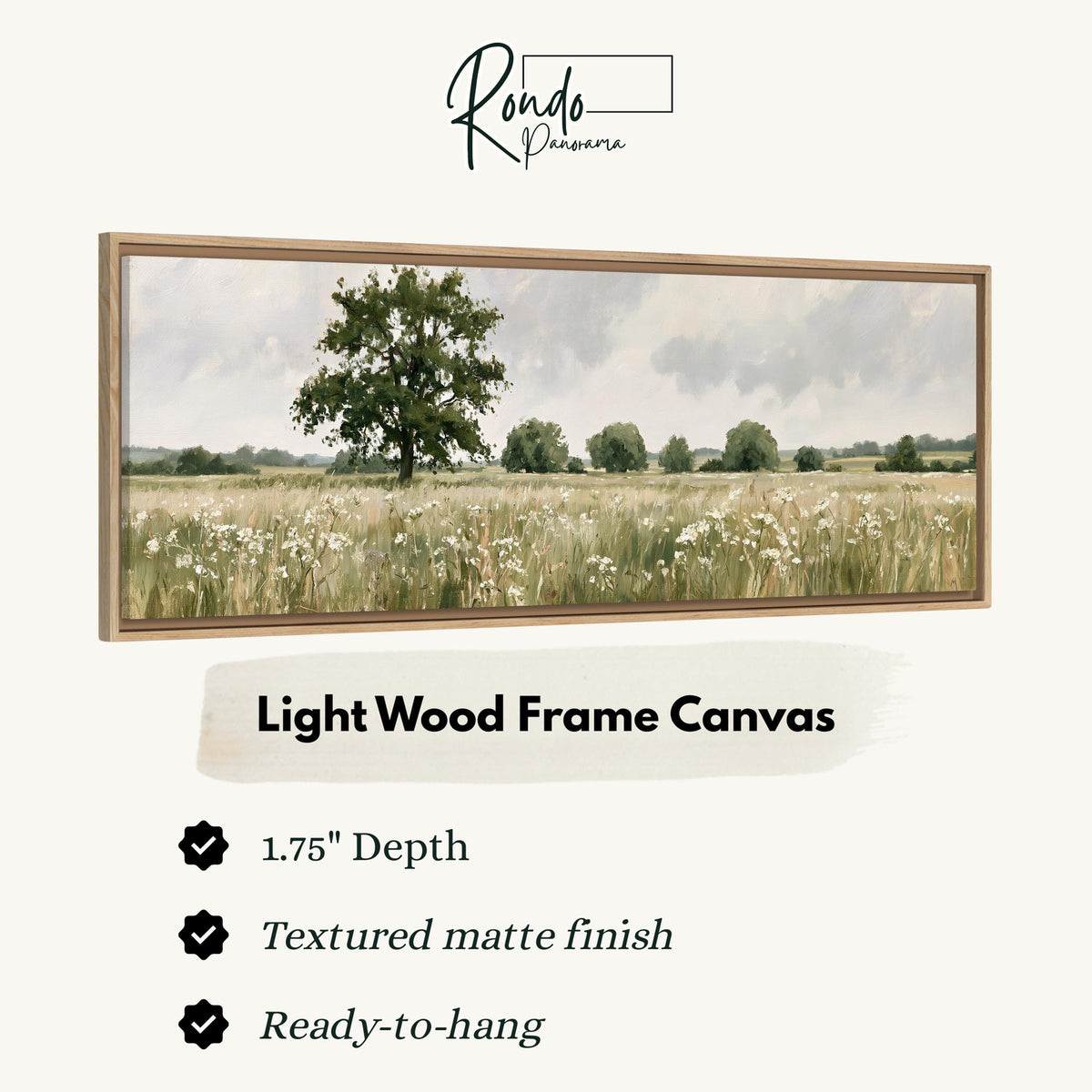 Lone oak tree in a daisy meadow canvas print in a light wood floating frame