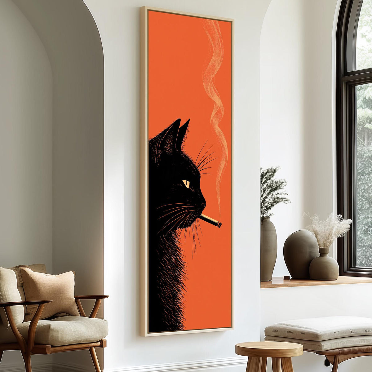 Black cat smoking on orange tall skinny canvas print in a sunlit living space