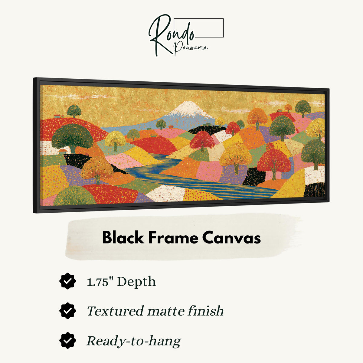 Mount Fuji over golden patchwork hills canvas print in a black floating frame